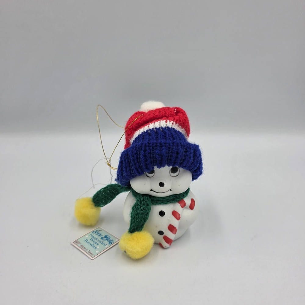Snow Bells Porcelain Bell‎ Ornament Vintage Snowman w/Hat In Box